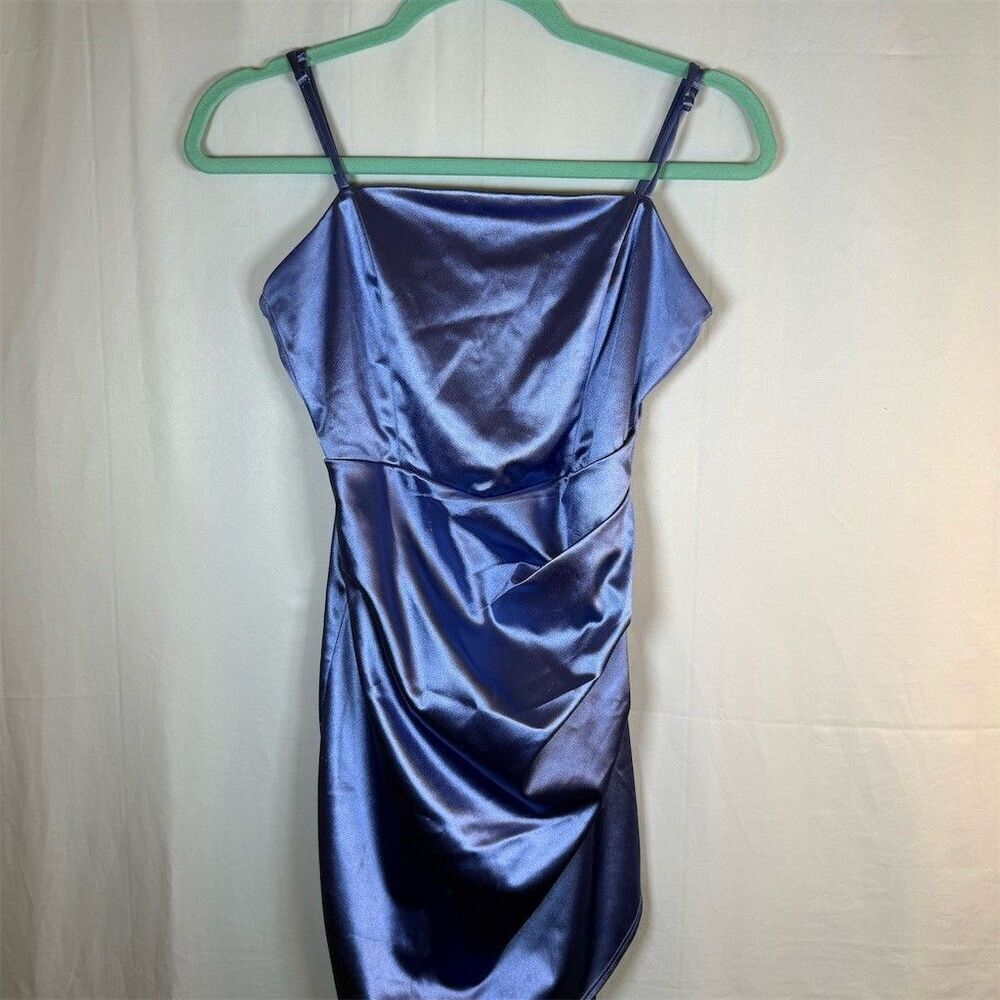 Honey and Rosie Dress Womens Size S Blue Satin Ruched Faux Wrap Bodycon Mini
